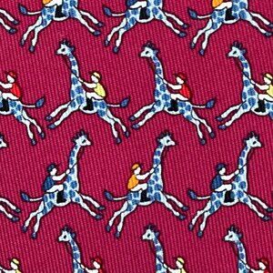 100% REAL HERMES TIE ~ DARKER RED w/ FUN ORANGE BLUE GIRAFFE JOCKEYS RACING XL